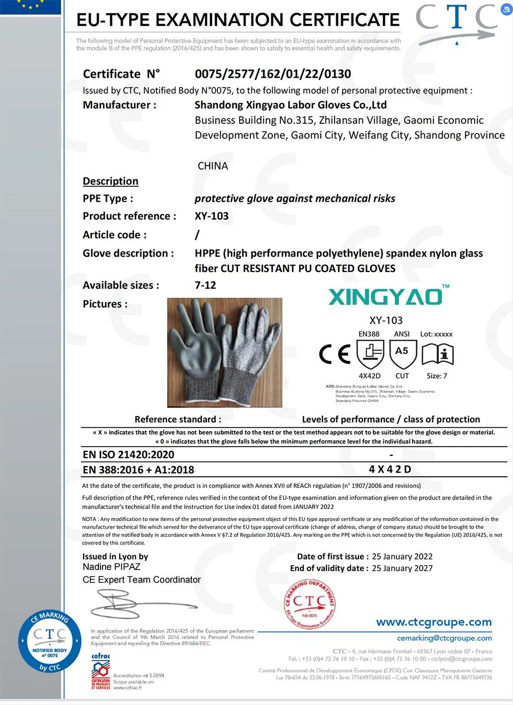 En388 ANSI5 Nylon & Hppe & Glass Fiber Liner PU (Polyurethane) Coated Anti Cut Resistant Cutting Proof Work Safety Hand Protection Knitted Gloves
