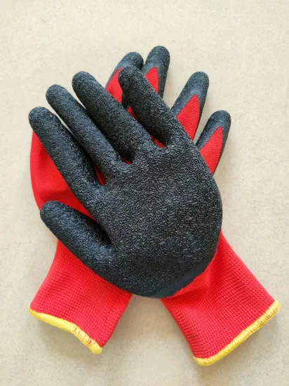 Guantes de trabajo de seguridad industrial recubiertos de látex arrugados hechos punto de poliéster rojo